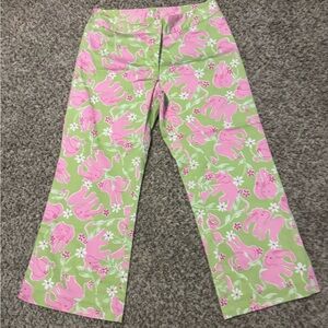 Lilly Pulitzer Women Pink Elephant Print Green Cotton Pants Size 4